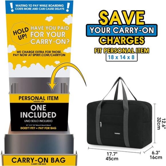 For Spirit Airlines Personal Item Bag 18x14x8 Foldable Travel Duffel Bag Tote - Picture 2 of 7